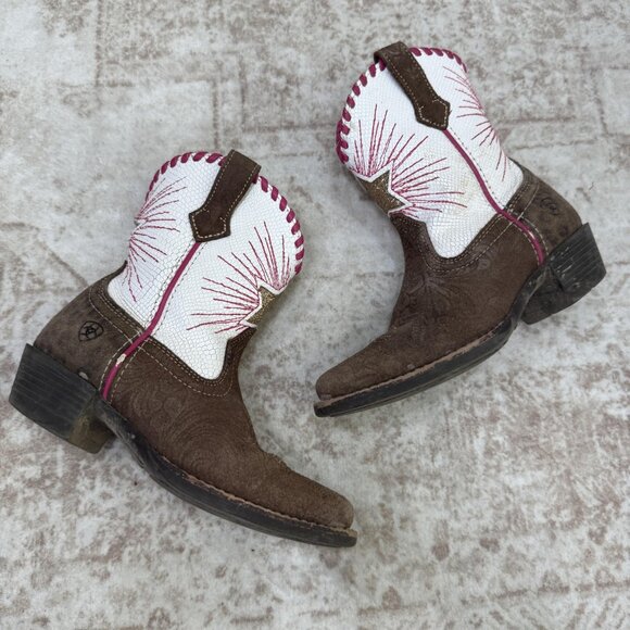 Ariat Boots Girls Size 10 Brown White Pink Star Western Cowboy Cowgirl Side Zip - Picture 1 of 12